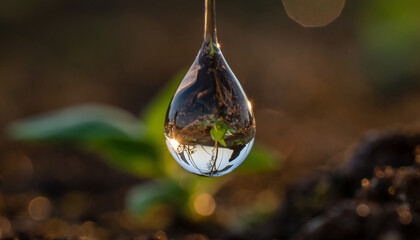 A single water droplet reflecting a tiny green plant growing in rich soil, symbolizing life and growth.