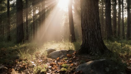 Obraz premium Sunbeams filtering through a dense forest canopy illuminating the forest floor.
