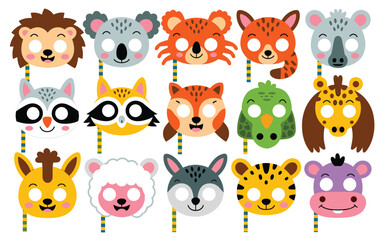 Obraz premium Collection of cute cartoon animal face masks on sticks