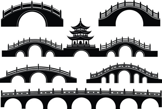 Collection of traditional chinese stone arch bridges and a pagoda silhouette set