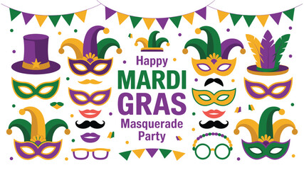 Fototapeta premium Mardi Gras masquerade party vector illustration with masks and hats