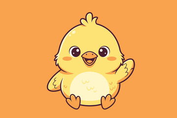 Charming and adorable cartoon yellow chick illustration joyfully waving its wing, embodying a friendly greeting and cheerful spirit for various delightful designs