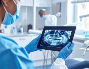 Dentist examining panoramic dental X-ray on a digital tablet in a clinic