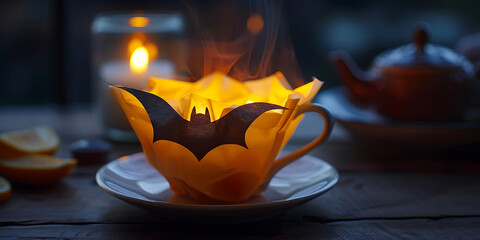Cozy autumn tea with a festive bat silhouette, evoking warmth and Halloween spirit.