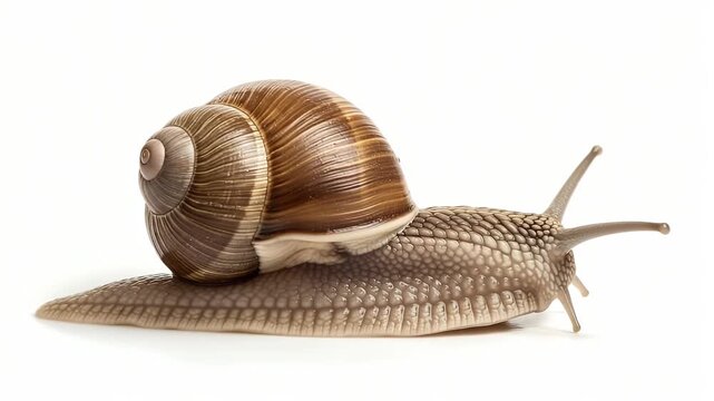 A captivating close-up of a common garden snail gracefully moving across a pristine white background. The intricate details of its spiraled, brown shell are prominently displayed, contrasting with the