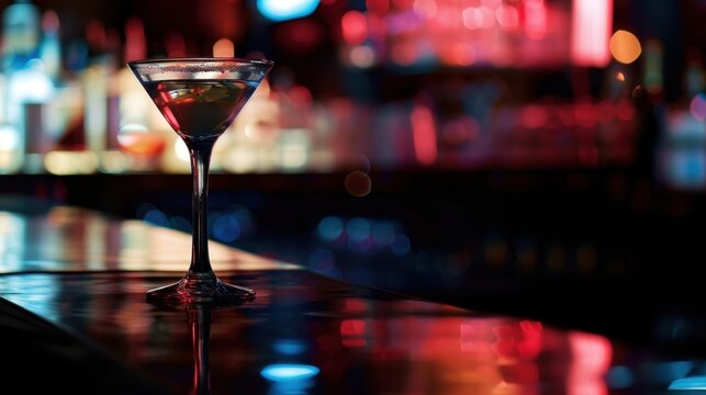 A close-up of a martini glass on a bar counter. The background features colorful lights and blurred bottles, creating a vibrant nightlife atmosphere.