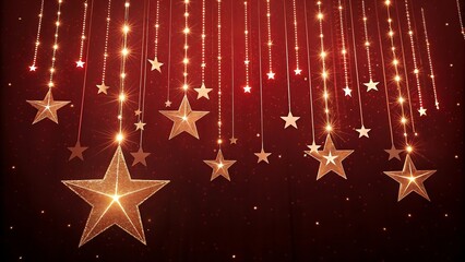 Luxurious warm christmas new year background with hanging glowing golden stars and sparkling red lights.