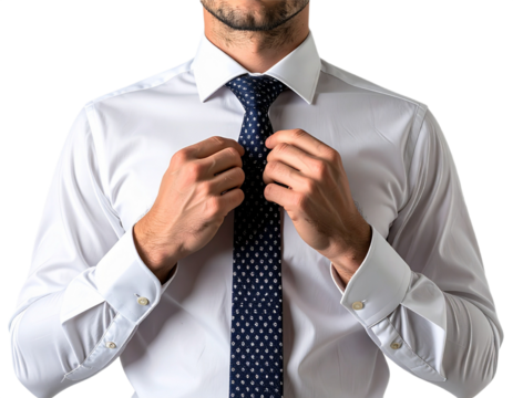 Man adjusting tie isolated on white background, transparent PNG