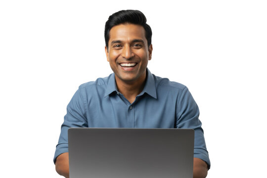 Smiling Indian man working on laptop, professional, confident, modern isolated on transparent background