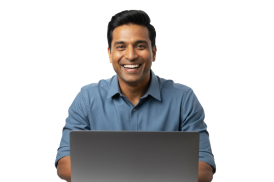 Smiling Indian man working on laptop, professional, confident, modern isolated on transparent background
