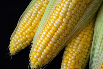 A close-up shot of three ears of corn against a black background, highlighting their vibrant yellow and white kernels.