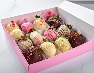 Gift Box of White Chocolate Dipped Strawberries with Pink and Red Swirls