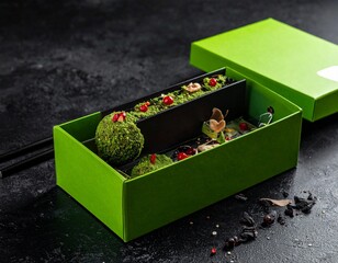Assortment of Dark Chocolate and Green Matcha Truffles in a Square Gift Box