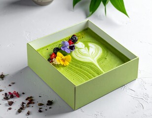 Individual Green Matcha Cake Slices with Cream and Raspberry in a Small Box