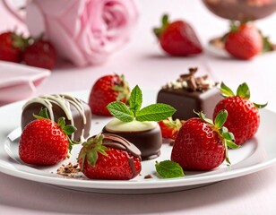 Chocolate Dipped Fresh Strawberries Plated with a Rose Decoration and Mint