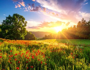 Vibrant Poppy Field at Golden Sunset