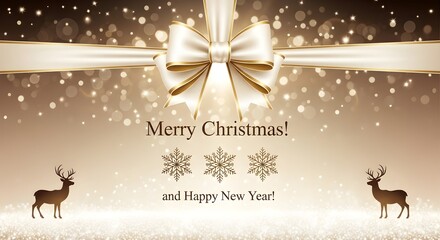 Elegant christmas greeting card with reindeer snowflakes and a festive ribbon bow