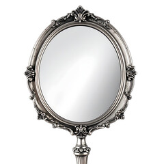 Ornate silver-framed oval hand mirror, detailed carvings, elegant design