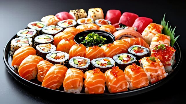 Assortment of Fresh Sushi Rolls and Nigiri Garnished with Fish Roe and Scallions on a Black Platter