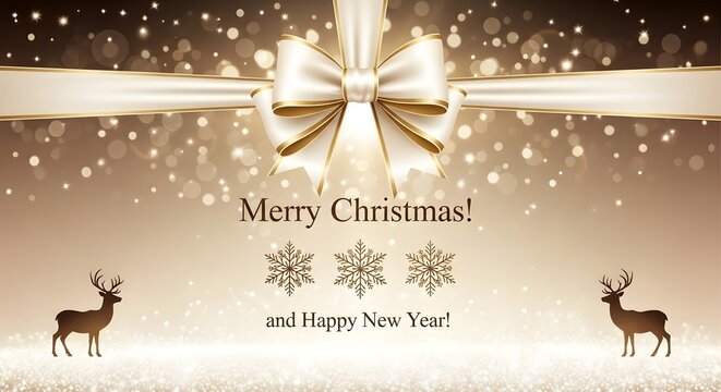 Elegant christmas greeting card with reindeer snowflakes and a festive ribbon bow