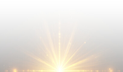 Golden sun emits soft radiant rays. Lens flare creates subtle highlights. Sparkling bokeh enhances the glowing effect across the frame. PNG