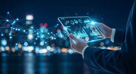 Person interacting with futuristic data visualization on transparent tablet