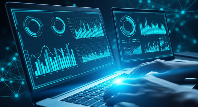 Person typing on laptop with financial data analysis on screens