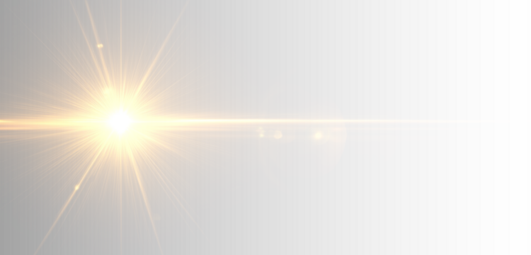 Bright sun emits glowing rays in soft waves. Lens flare streaks scatter subtly. Golden sparkles shimmer across the transparent space. PNG