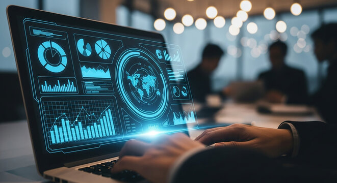 Person typing on laptop with futuristic data interface