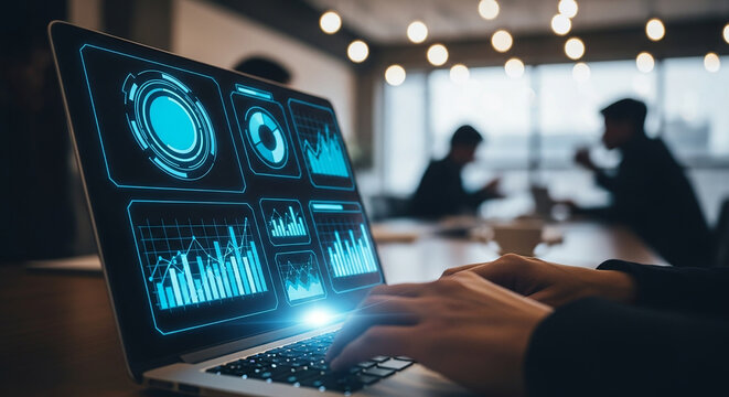 Person using a laptop with futuristic data visualizations