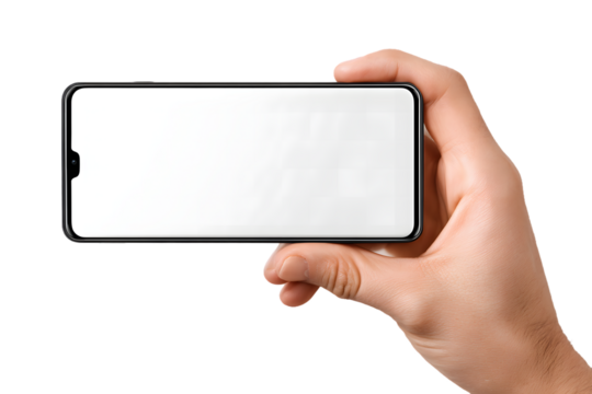 A Hand Holds a Frameless Smartphone Displaying a Pure White Screen Against Transparent Backdrop