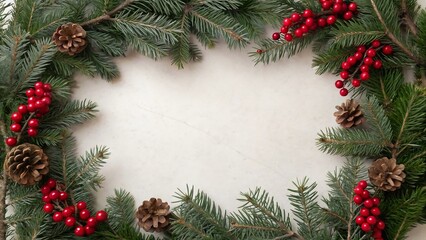 Traditional christmas wreath border with natural pine branches red berries and pine cones on white background.