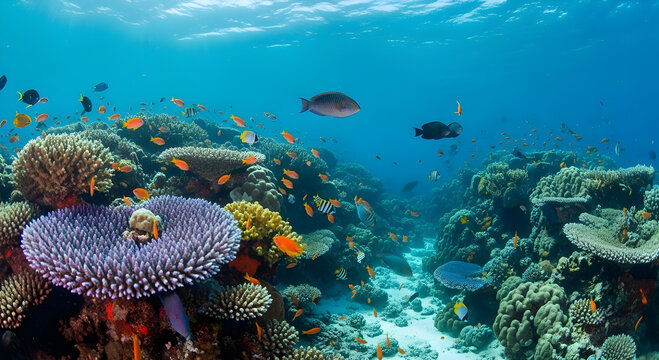 Underwater Coral Garden with Schools of Tropical Fish