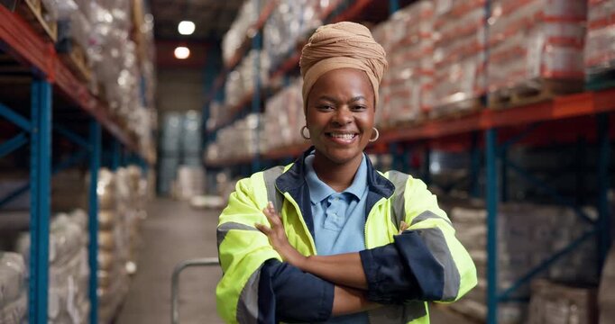 Shipping, face or woman with arms crossed in warehouse for logistics, quality control or about us. Distribution manager, black person and happy for storage management, export service and supply chain