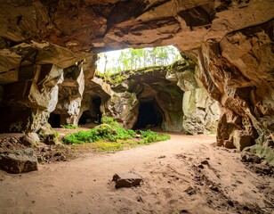 View from inside a large, rocky cave opening