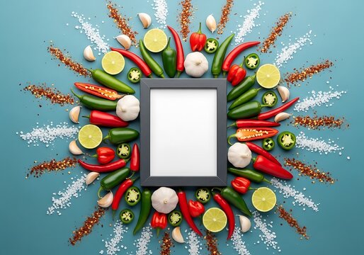 Vibrant wreath of fresh spicy peppers, garlic, and citrus slices arranged around a blank photo frame, food background, spicy ingredients, colorful composition, culinary concept, fresh produce, 