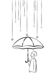Stylized line art drawing of a man looking up, holding an umbrella while stars and rings hang down like rain. Concept of protection, hope, optimism, or dreaming.