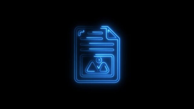 Blue neon outline of a document with image on black file paper