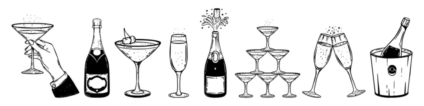 Whimsical champagne party set. Vintage hand drawn cocktail glasses, bottles, pyramid tower, bucket and celebratory drinks for wedding, holiday or festive menu design.