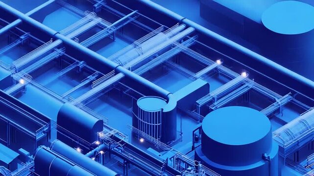Blue isometric industrial plant with pipelines and tanks