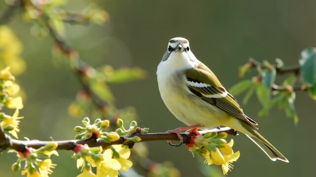 Ultra-Realistic Cinematic Close-Up Macro of a Small Eurasian Siskin Perched on a Thin Branch, Surrounded by Bright Yellow Spring Flowers, Soft Green Bokeh Background, Natural Sunlight.