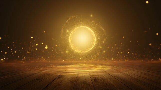Mystical golden particles illuminate a radiant sphere above wood creating cosmic fantasy art