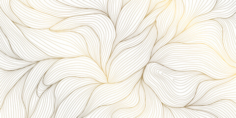 Fototapeta premium Luxury vector gold leaf pattern, elegant linear foliage, palm motifs, delicate floral elements background. Botanical nature wave illustration