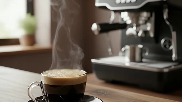 A captivating close-up shot features a steaming cup of freshly brewed coffee, topped with rich crema, resting on a wooden surface. Delicate wisps of steam rise gracefully from the hot beverage, creati