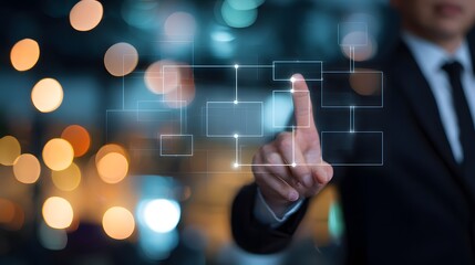 Business process optimization visualized a modern leader guides strategic workflow analysis in a bright office setting