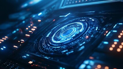 Futuristic artificial intelligence computer processing glowing blue data - Powered by Adobe