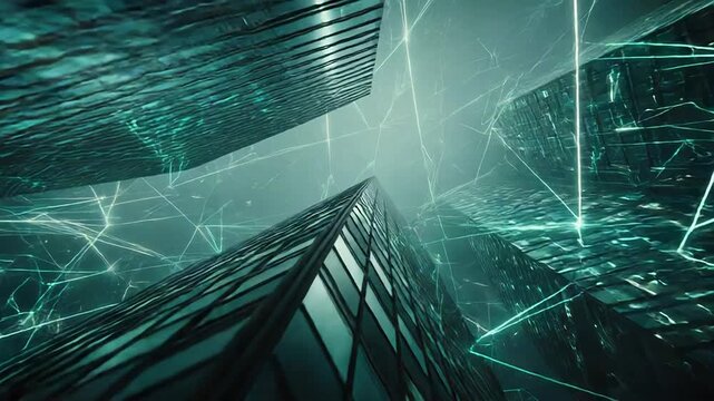 City skyscrapers connecting global data network technology