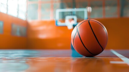 A close-up of a basketball rolling on a polished wooden court. The background features a basketball hoop and an orange wall, creating a vibrant sports atmosphere.