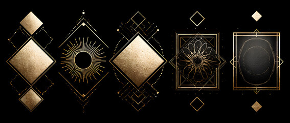 Vector set of design elements, labels and frames for packaging for luxury products in trendy linear style.