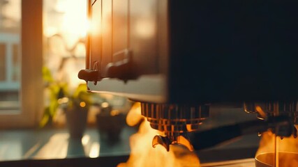 Steaming coffee brewing into a cup at sunrise
